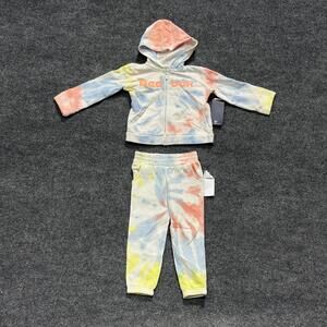 Reebok 2 Piece Hoodie Pants Set Girls 2T Neon Swiral Melon Tie Dye Fleece Outfit